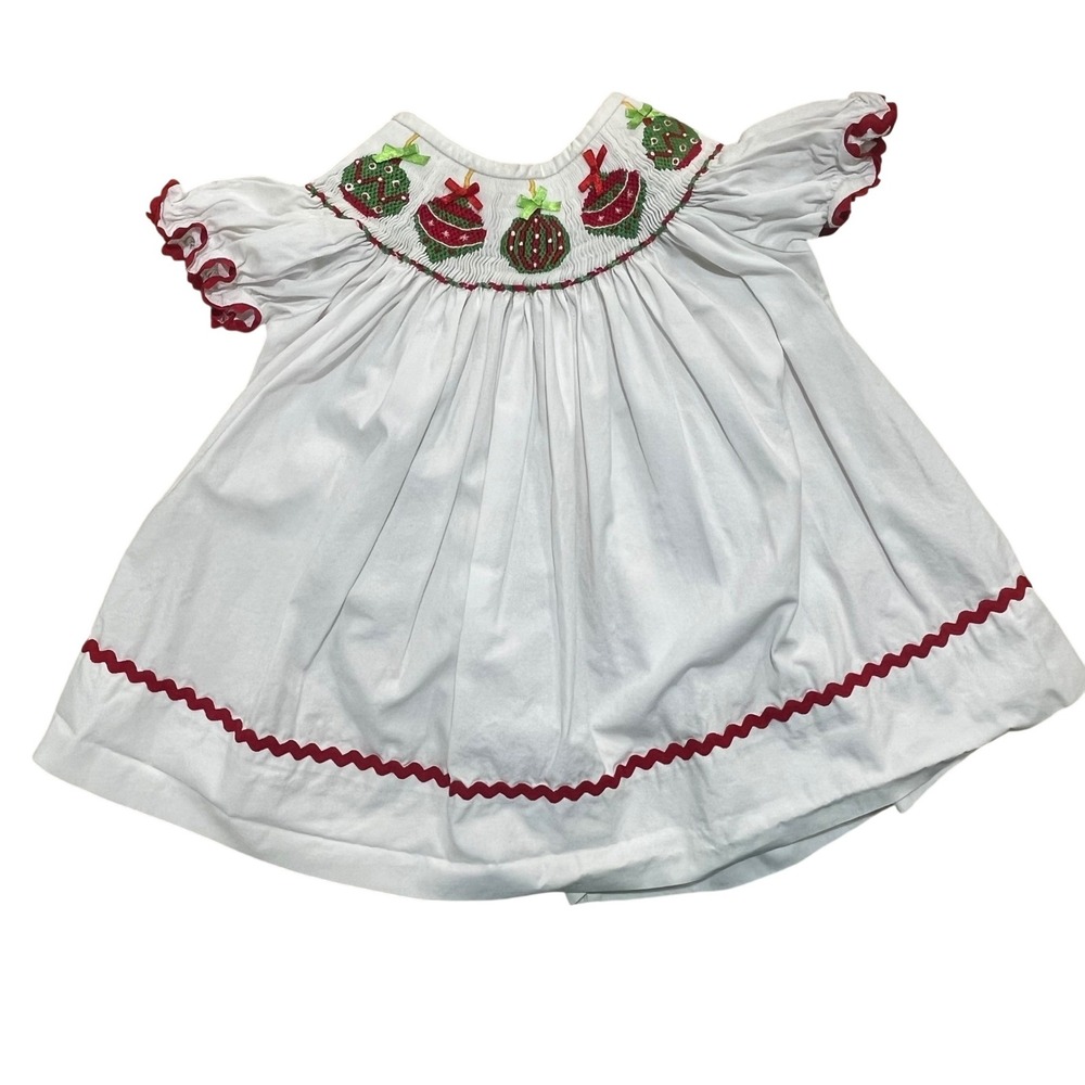 Krewe Smocked White Christmas Dress Embroidered Ornaments Baby Size 3M